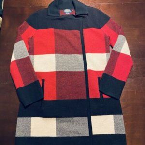 Pendleton Coatigan Cardigan Sweater 100% Wool Red Black & Cream Plaid Medium
